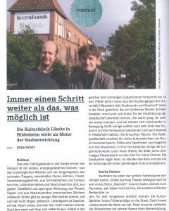 Auszug Text von Edda Rydzy Porträt Soziokultur Zeitschrift Foto der KUFA Geschäftsführer Stefan Wehner und Stefan Könneke vor dem Gebäude der Kulturfabrik Löseke in Hildesheim