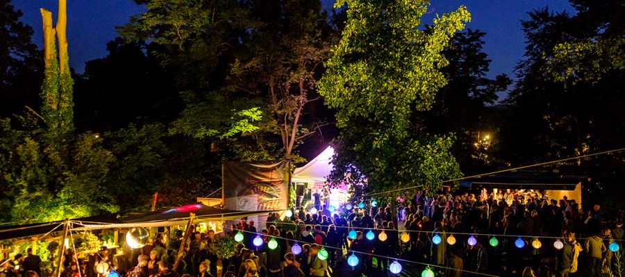 Nachts im Park, Bäume, beleuchtet, Lichterketten, dunkelblauer Himmel und Menschen