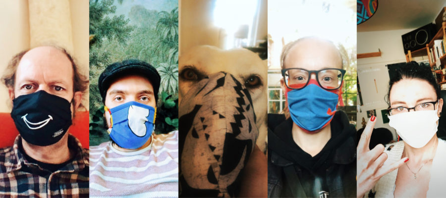 Safety first: In der KUFA heißt es ab sofort "Maske auf". Gesicht, Nase-Mund-Schutz, Behelfsmaske, Hund mit Maske, bunt, Corona, Hygienemaßnahme